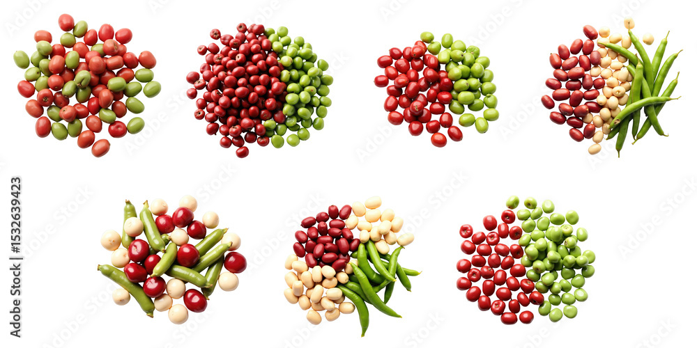 Poster assorted collection of soybeans red beans green beans and chickpeas arranged in clusters isolated on