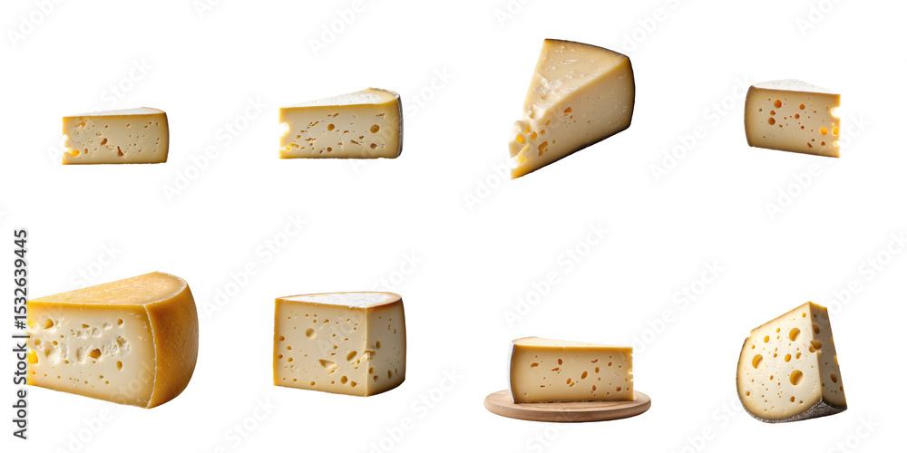 Poster various cheese pieces with distinct shapes and textures arranged on a transparent background, showca