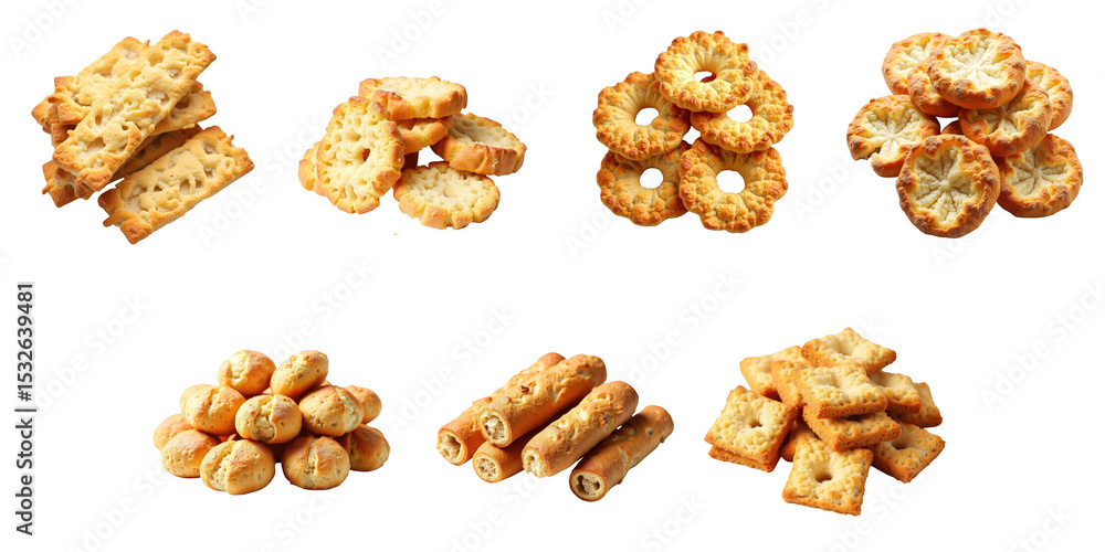 Poster assorted crunchy rye rusks and baked snacks displayed on a transparent background including various 