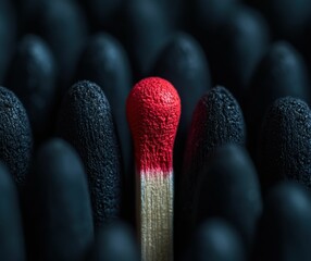A single lit matchstick glows brightly among unlit black matchsticks, highlighting the contrast between light and darkness.