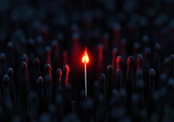 A single lit matchstick glows brightly among unlit black matchsticks, highlighting the contrast between light and darkness.