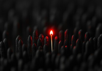 A single lit matchstick glows brightly among unlit black matchsticks, highlighting the contrast between light and darkness.