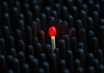 A single lit matchstick glows brightly among unlit black matchsticks, highlighting the contrast between light and darkness.
