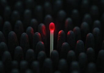 A single lit matchstick glows brightly among unlit black matchsticks, highlighting the contrast between light and darkness.