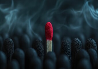 A single lit matchstick glows brightly among unlit black matchsticks, highlighting the contrast between light and darkness.
