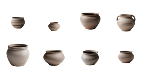 Collection of handcrafted pottery pots displayed on a transparent background featuring various sizes and shapes emphasizing unique textures and natural clay tones.