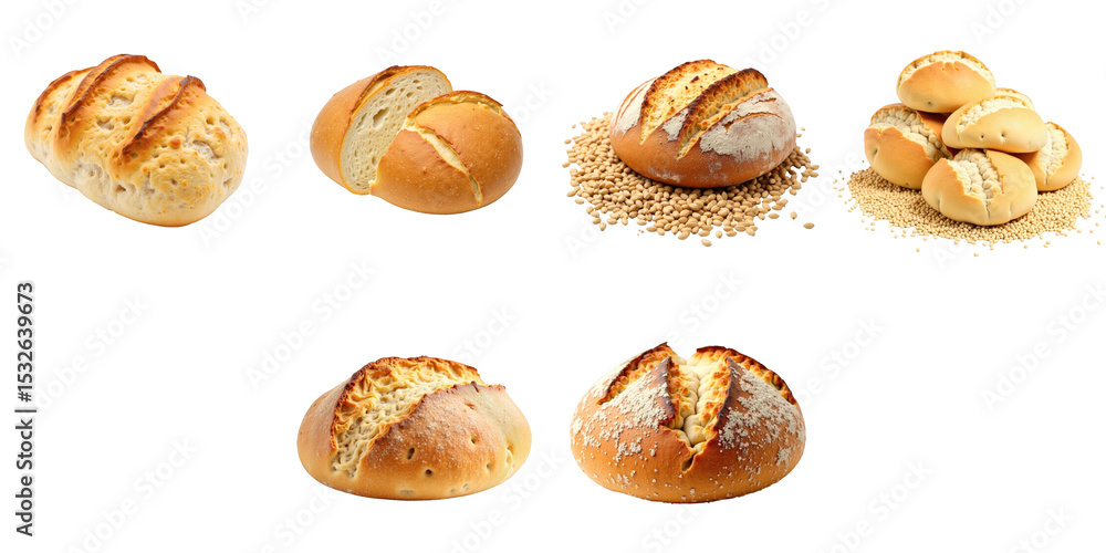 Poster assorted types of fresh bread including rolls and loaves displayed on a transparent background showc