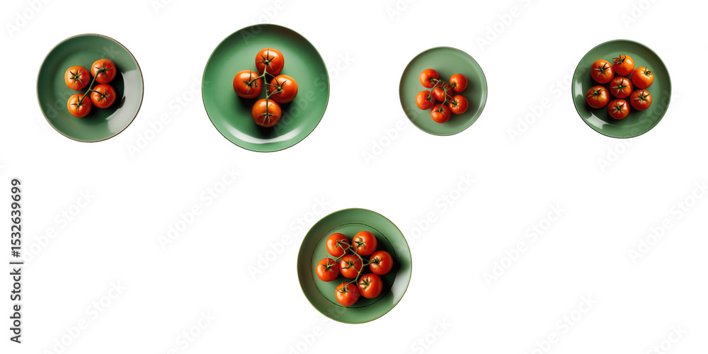 Poster assorted ripe tomatoes displayed on green plates arranged in various sizes isolated on transparent b