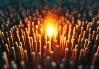 A single lit matchstick glows brightly among unlit black matchsticks, highlighting the contrast between light and darkness.