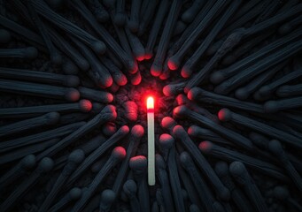 A single lit matchstick glows brightly among unlit black matchsticks, highlighting the contrast between light and darkness.