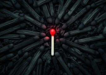 A single lit matchstick glows brightly among unlit black matchsticks, highlighting the contrast between light and darkness.