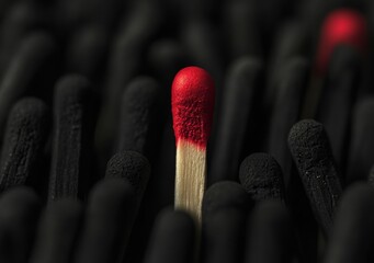 A single lit matchstick glows brightly among unlit black matchsticks, highlighting the contrast between light and darkness.