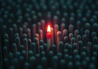 A single lit matchstick glows brightly among unlit black matchsticks, highlighting the contrast between light and darkness.