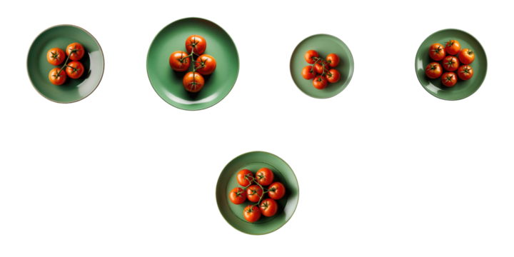 assorted ripe tomatoes displayed on green plates arranged in various sizes isolated on transparent background with transparent backdrop for emphasis