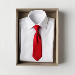 White classic men shirt with red tie in the packaging box isolated 
