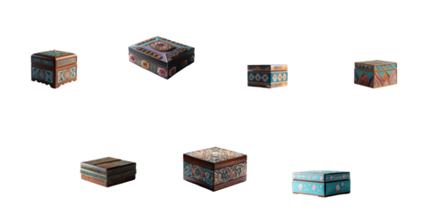 Assorted decorative handmade boxes featuring intricate designs and colors isolated against a transparent background with no shadows or additional elements.
