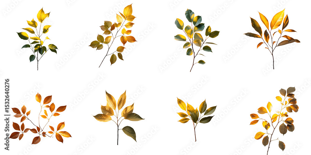 Poster colorful autumn leaves arranged in a grid pattern with varying shapes and sizes, beautifully illumin