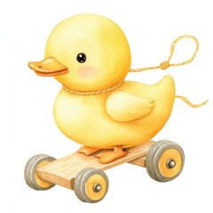 Watercolor painting of a yellow duckling toy riding a wooden wheeled platform