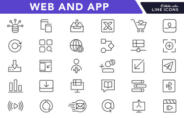 Web and App line icon set. Internet, contact information, home, phone, location, address, website, mail, fax, playback, streaming, film strip, feed, youtube line icon set. Ui thin line icon pack.
