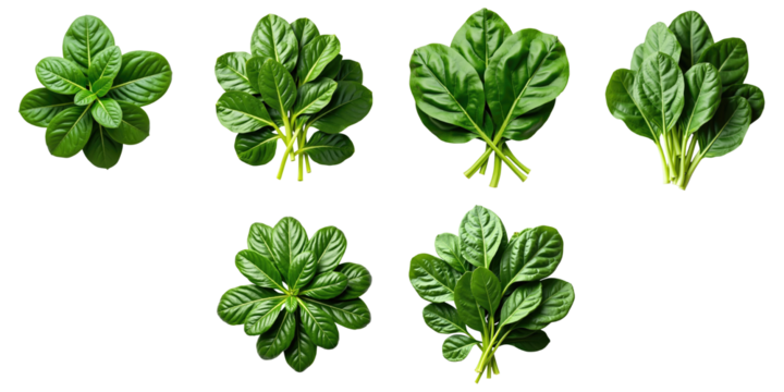Fresh green spinach leaves arranged on a transparent background in various orientations and clusters showcasing their organic texture and color isolation