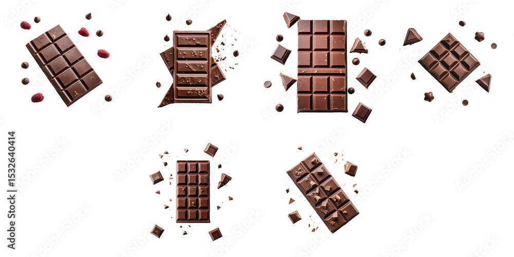 Poster assorted chocolate bars and fragments arranged on a dark background showcasing various textures and 