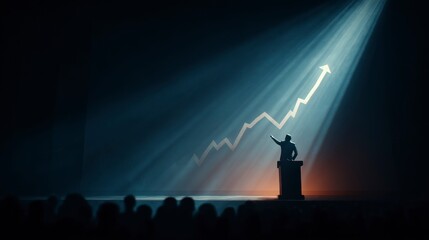 Leader Silhouette on Podium with Graph Trending Upward in Spotlight