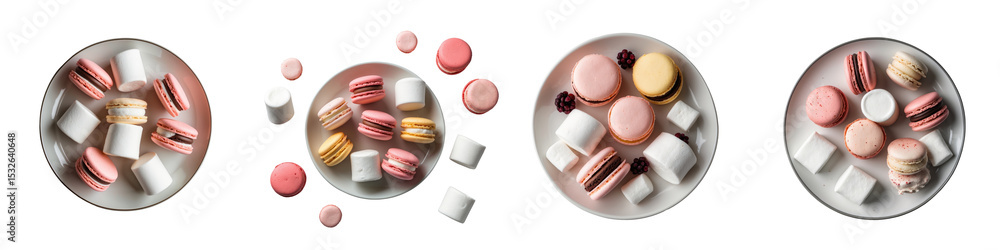 Poster assorted sweet desserts including colorful macaroons and fluffy marshmallows arranged on plates isol