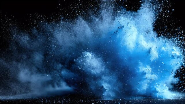 Dramatic blue explosion of powder creating a vibrant splash against a dark background, showcasing motion