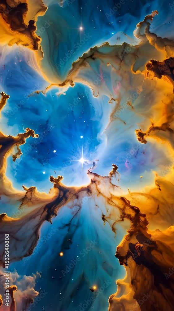 Poster vibrant abstract cosmos image with orange clouds and a cluster of bright stars shining against a viv