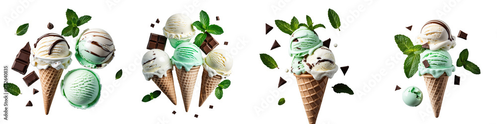 Poster mint chocolate chip ice cream in various cone types isolated on transparent background with mint lea