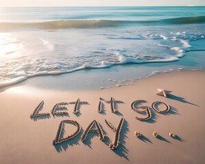 Motivational message "Let It Go Day" written in the sand on a beach at sunrise. A high-angle, full shot of the words "Let It Go Day" written in the sand on a beach at sunrise.