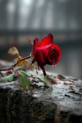 Single Red Rose Resting on Weathered Gray Surface with Dew Drops