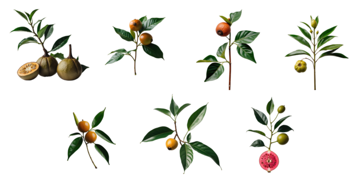 Mengkudu Morinda citrifolia plant composition featuring large fruit, leaves, and branches displayed in a flat lay arrangement on a transparent background showcasing botanical details