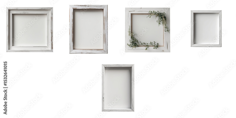 Poster set of five variously shaped rustic wooden frames with white finishes on a transparent background, f