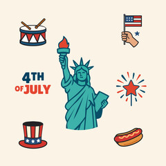 4th of July Vector Icons &ndash; Statue of Liberty, Fireworks, Hot Dog, Hat, and American Flag