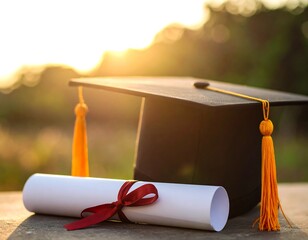Graduation cap and diploma outdoors