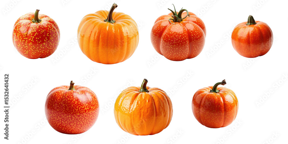 Poster group of eight assorted mandarin oranges in various sizes and shapes against a stark transparent bac