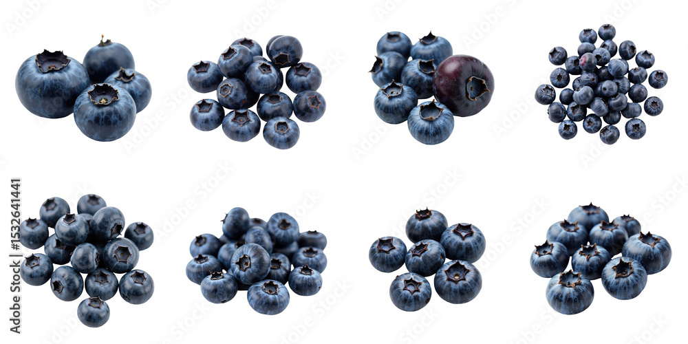 Poster collection of isolated freeze-dried blueberries arranged in various clusters on a transparent backgr