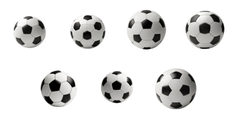 Collection of eight soccer balls displayed in various sizes and angles, featuring classic transparent and white panel design, isolated on a transparent background.