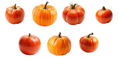 Group of eight assorted mandarin oranges in various sizes and shapes against a stark transparent background with no visible shadows or supports. Ideal for food and fruit composition displays.