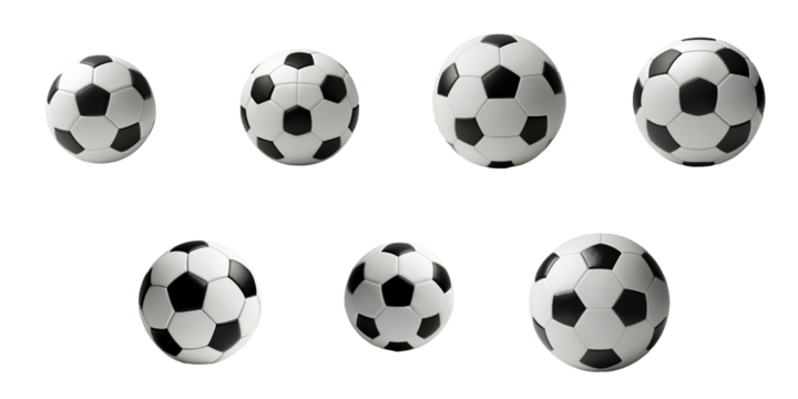 Collection of eight soccer balls displayed in various sizes and angles, featuring classic transparent and white panel design, isolated on a transparent background.