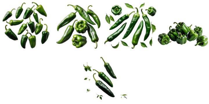 Various types of green peppers including jalapeno, bell, and poblano arranged artistically on a transparent background isolated for use in culinary or marketing contexts.
