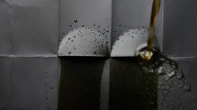 dark paper with folding marks gets flooded with dark translucent oil liquid. 4k footage.