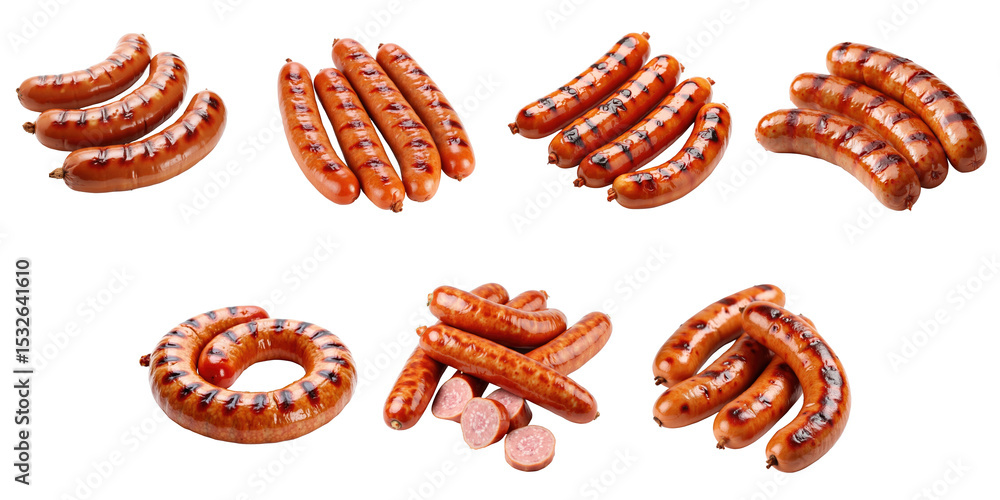 Poster various grilled pork sausages arranged on a transparent background showcasing different shapes and s