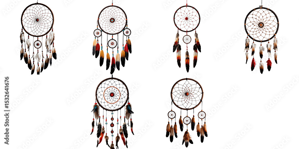Poster collection of six traditional dreamcatchers with intricate designs and colorful feathers displayed a