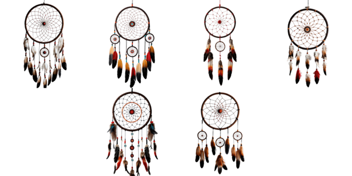 Collection of six traditional dreamcatchers with intricate designs and colorful feathers displayed against a transparent background for a striking visual effect.