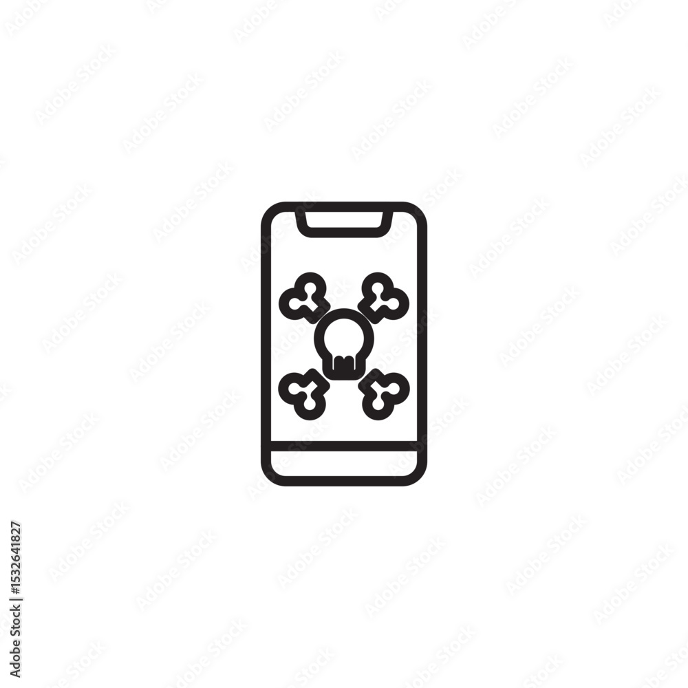 Poster a minimalist line art icon shows a smartphone displaying a skull and crossbones symbol, representing