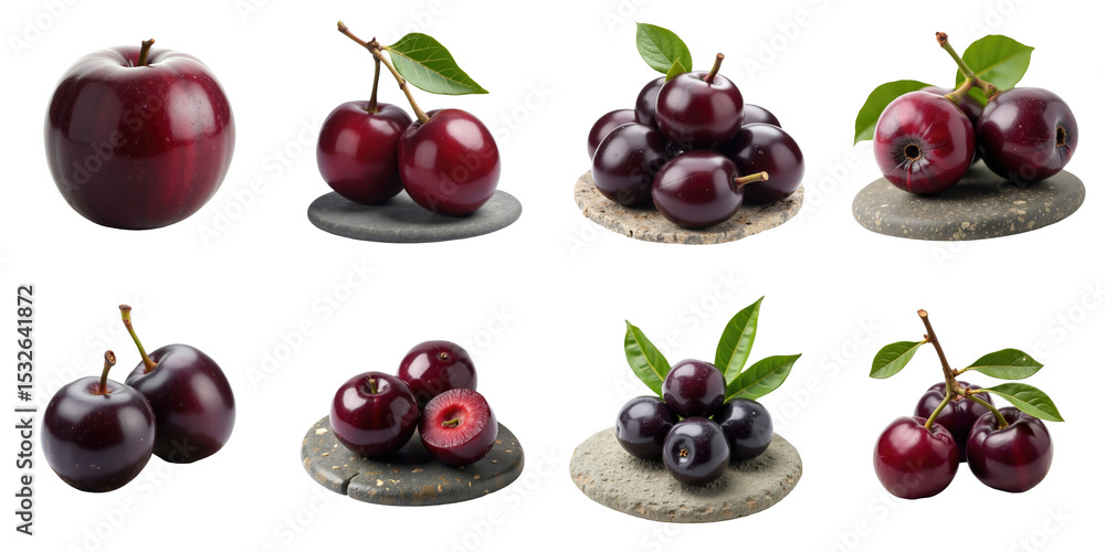Poster collection of jambul fruit or java plum with various angles and arrangements on stone textured surfa