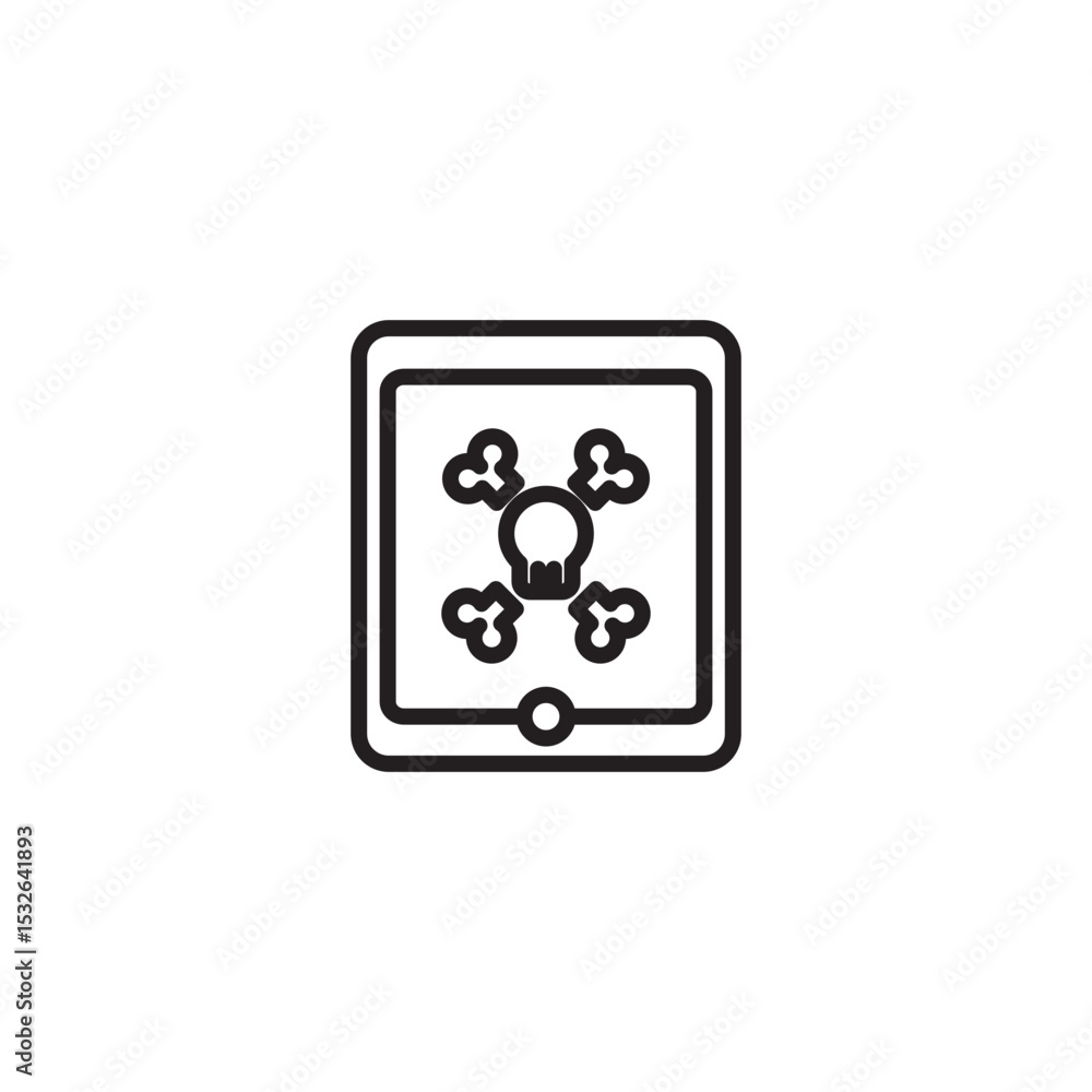 Poster a minimalist line art icon shows a tablet displaying a skull and crossbones symbol, indicating a vir