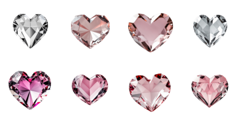 set of eight crystal heart gemstones in various shades and cuts arranged in two rows isolated on transparent background